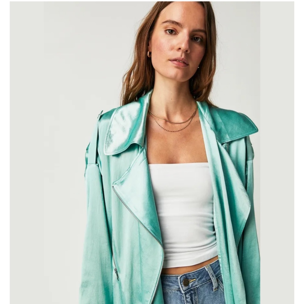 Brenda Knight For Free People Turquoise Satin Moto Trench Coat SZ XL $428